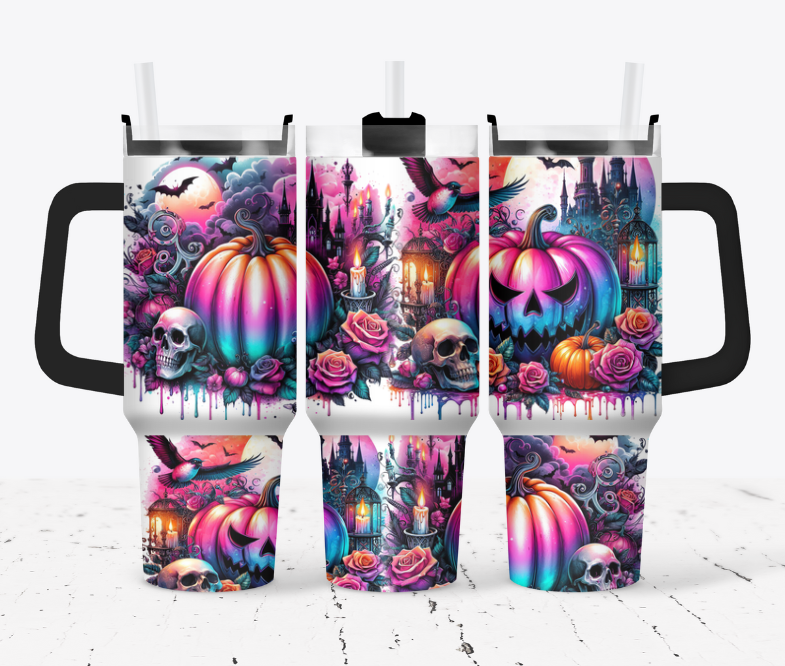 Rainbow Pumpkins with skulls and birds