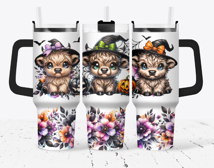 Highland cow witches with orange and purple flowers
