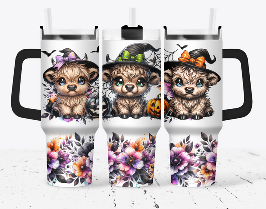Highland cow witches with orange and purple flowers