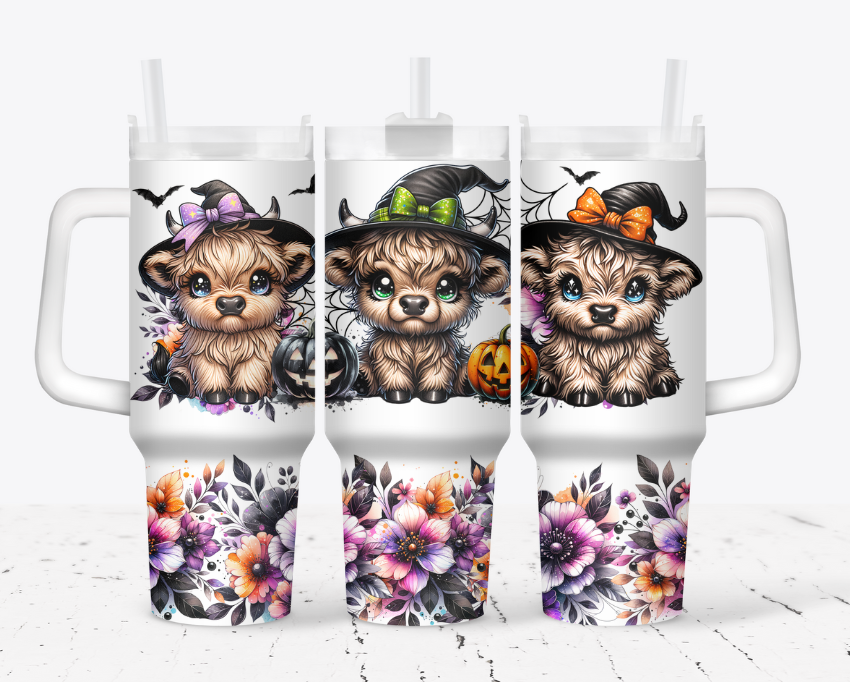 Highland cow witches with orange and purple flowers
