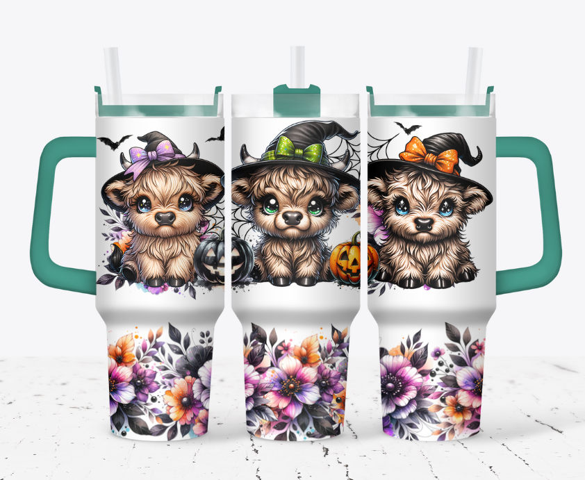 Highland cow witches with orange and purple flowers