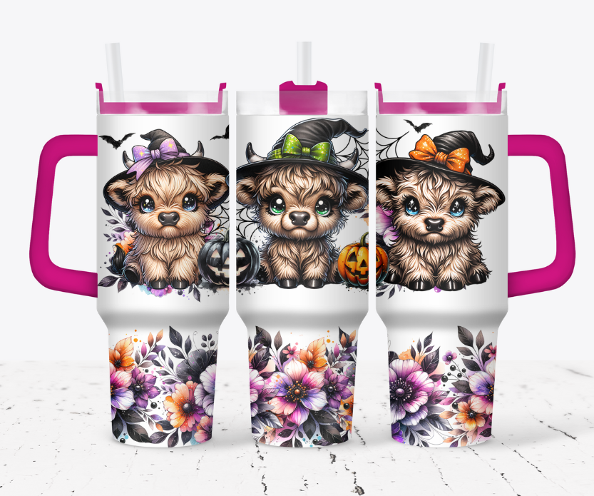 Highland cow witches with orange and purple flowers