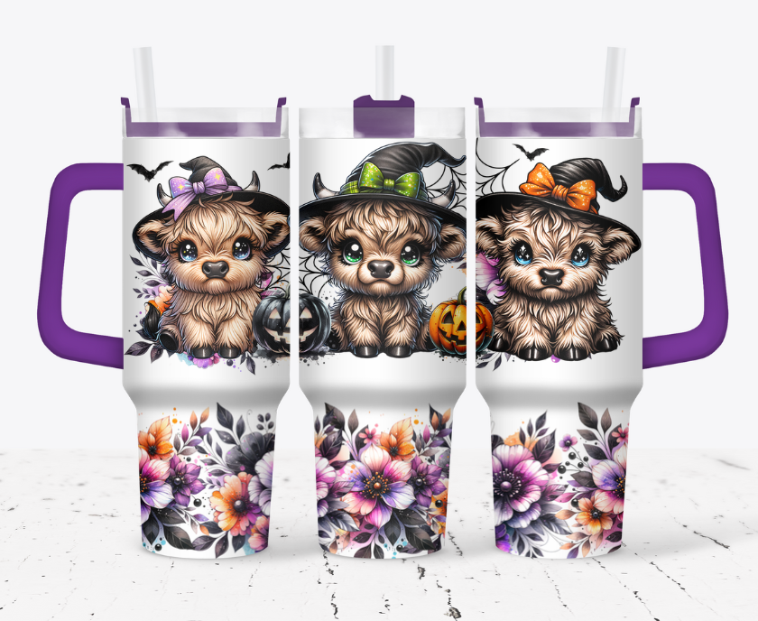 Highland cow witches with orange and purple flowers