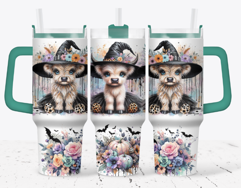 Blonde witch highland cows with flowers and bats