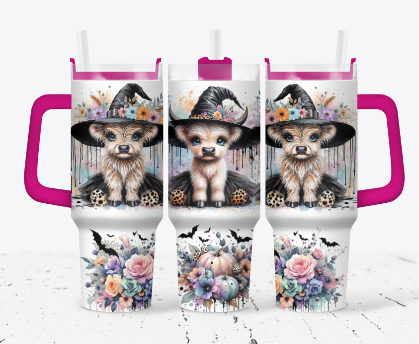 Blonde witch highland cows with flowers and bats