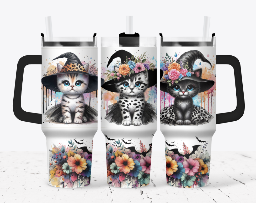 Witch cat with flowers and bats
