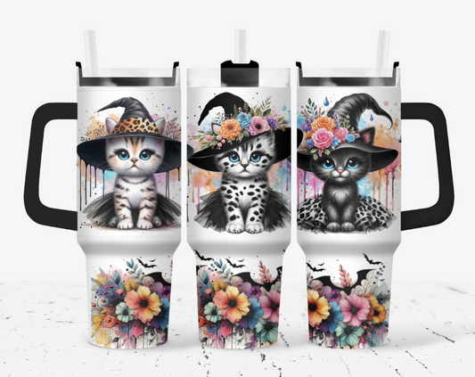 Witch cat with flowers and bats