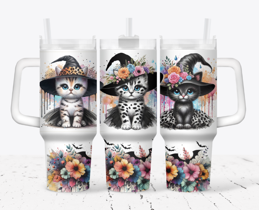 Witch cat with flowers and bats