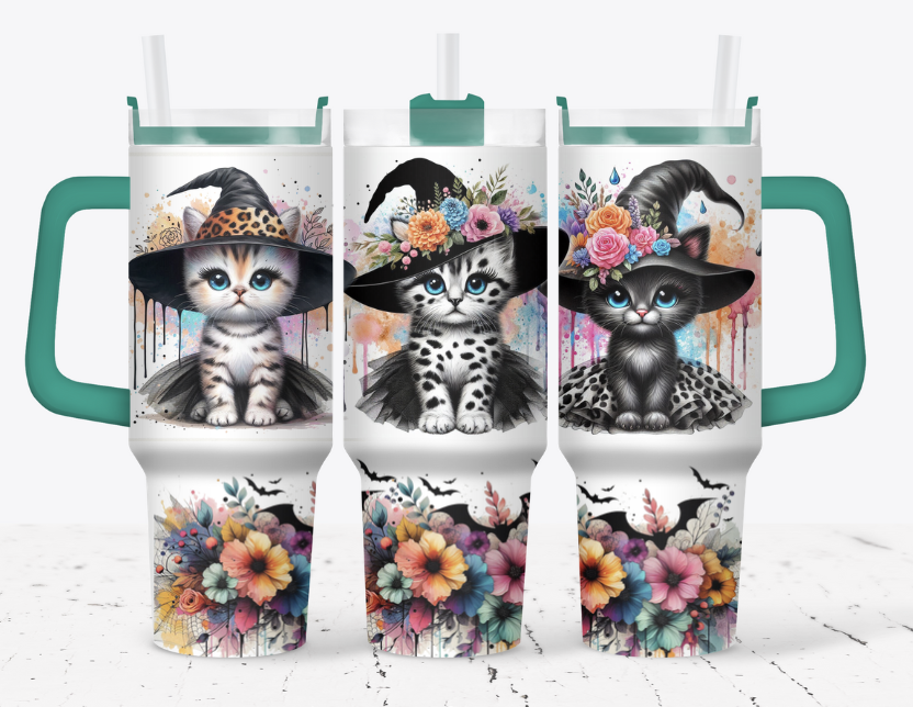 Witch cat with flowers and bats
