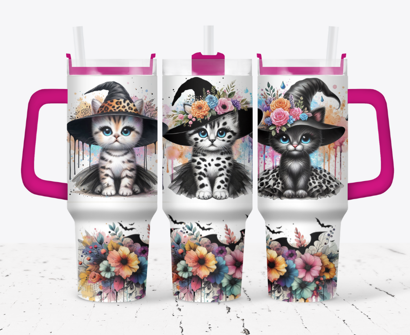 Witch cat with flowers and bats
