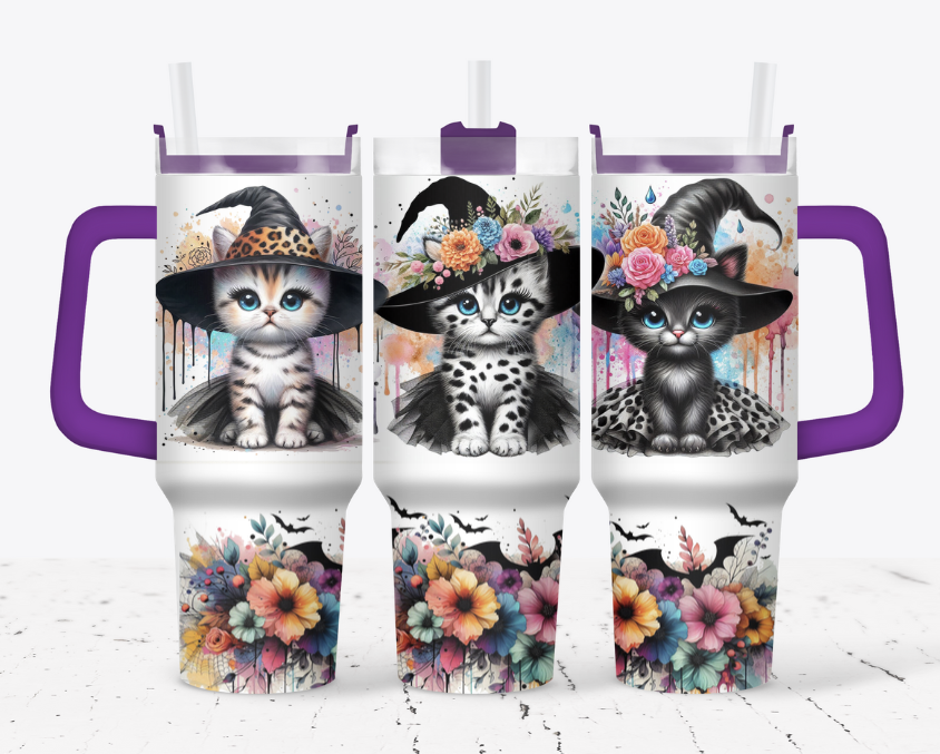 Witch cat with flowers and bats