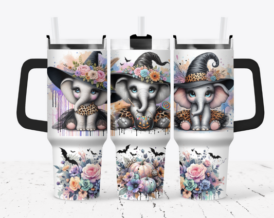 Elephant witch with pumpkins, flowers and bats