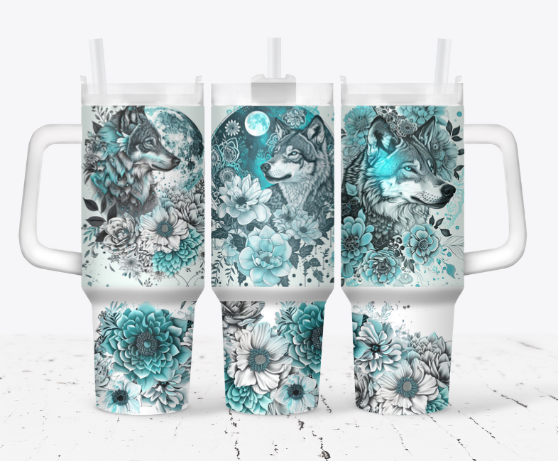 three wolves with blue