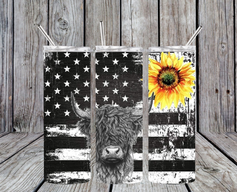 Black and white flag with highland cow and sunflower