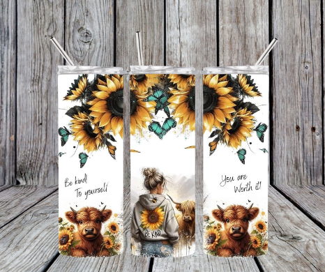 Be kind to yourself you are worth it girl with highland cows, sunflowers and butterflies