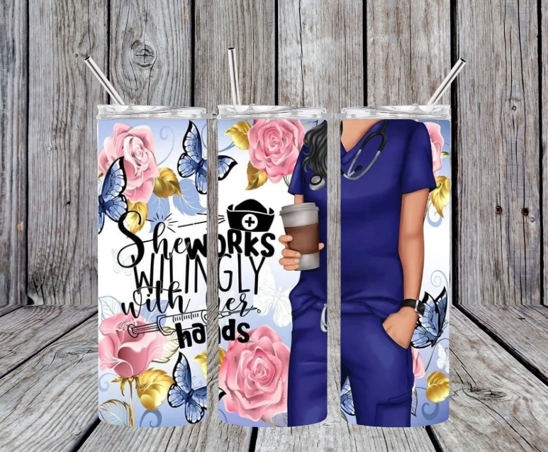 She works willingly with her hands blue scrubs