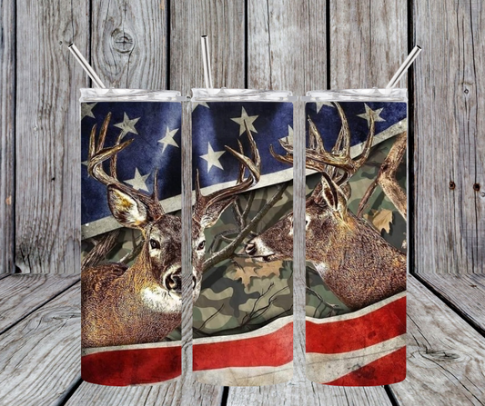 American flag with two bucks and camo