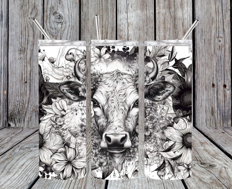 Black and white flowers with a highland cow