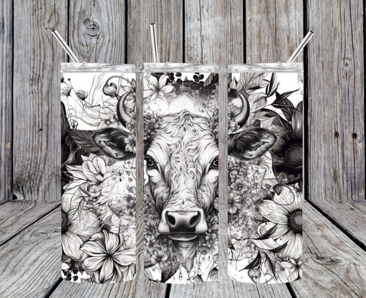 Black and white flowers with a highland cow