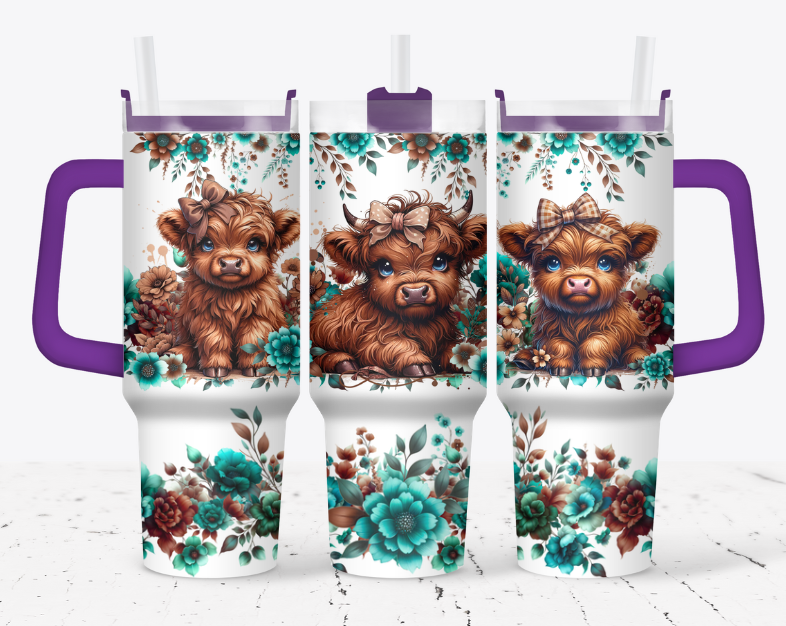 Brown highland cow with blue flowers