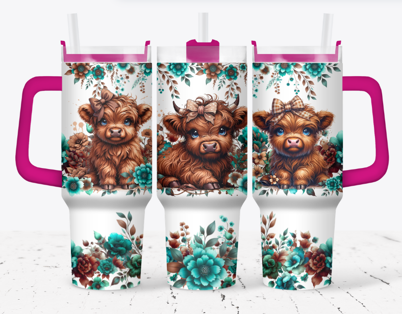 Brown highland cow with blue flowers
