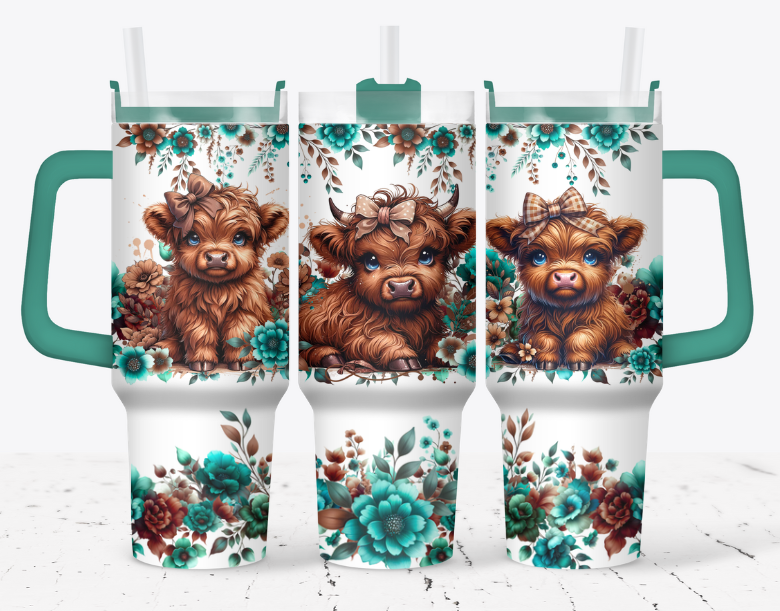 Brown highland cow with blue flowers