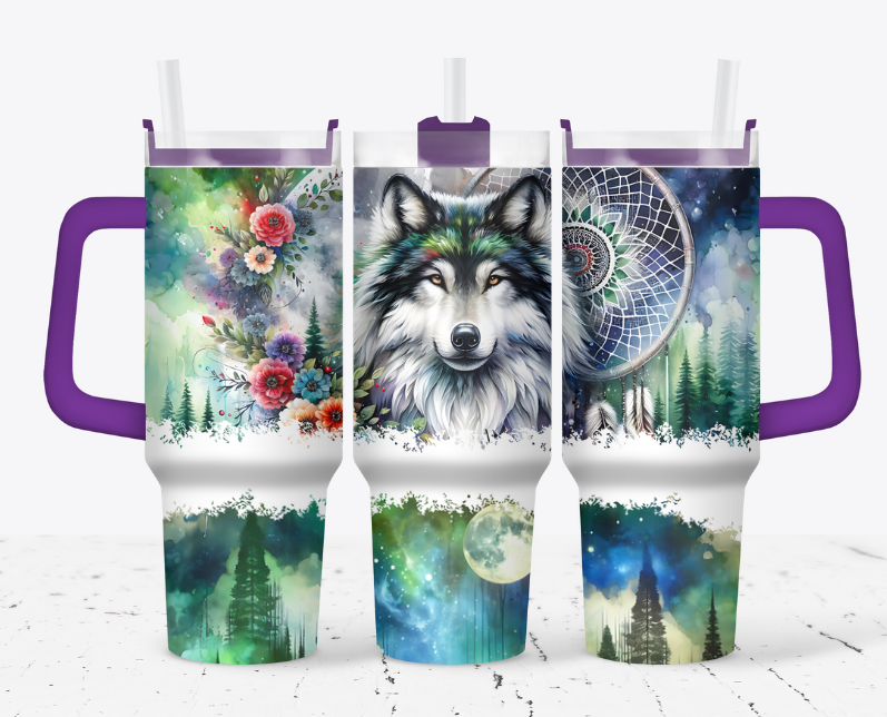 Large wolf head, teal with dream catcher