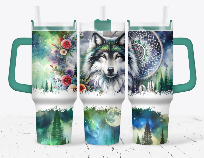 Large wolf head, teal with dream catcher
