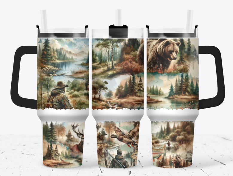 Hunting style tumbler with woods, river, bear and so much more