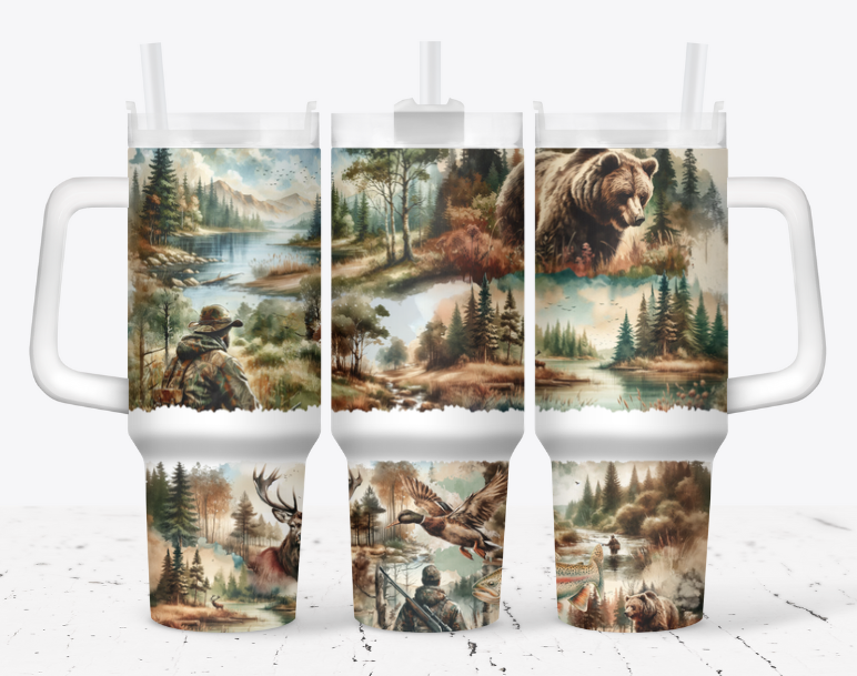 Hunting style tumbler with woods, river, bear and so much more