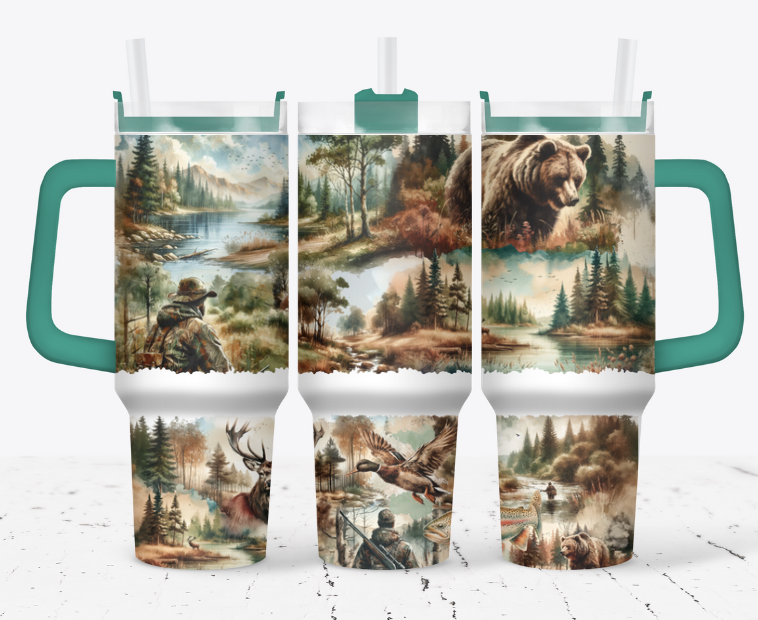 Hunting style tumbler with woods, river, bear and so much more