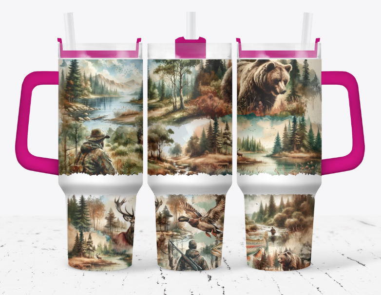 Hunting style tumbler with woods, river, bear and so much more