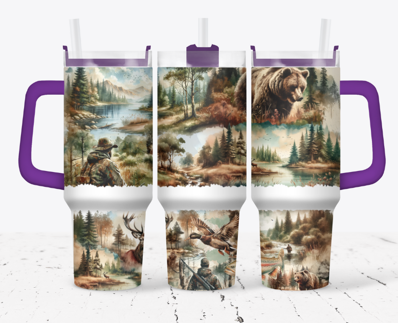 Hunting style tumbler with woods, river, bear and so much more