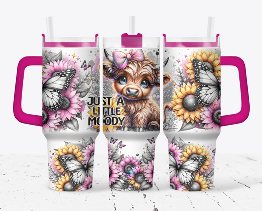Just a little moody blonde highland cow with pink and yellow sunflowers