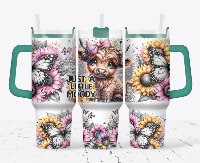 Just a little moody blonde highland cow with pink and yellow sunflowers
