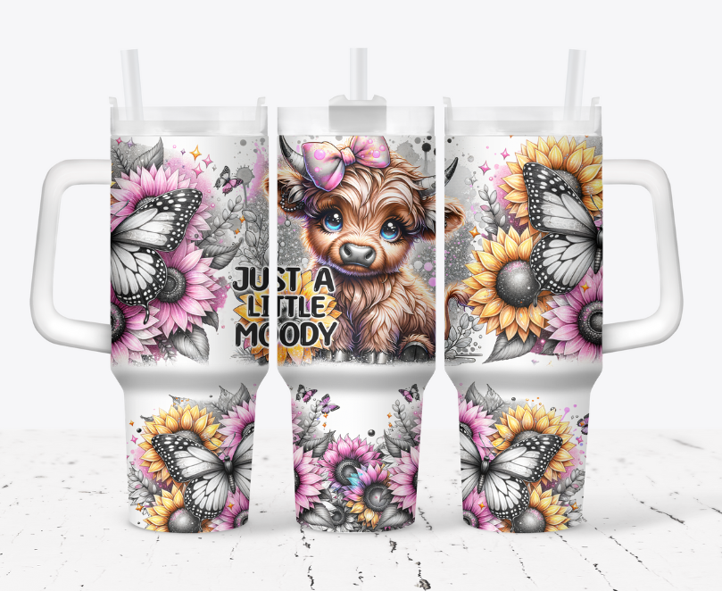 Just a little moody blonde highland cow with pink and yellow sunflowers