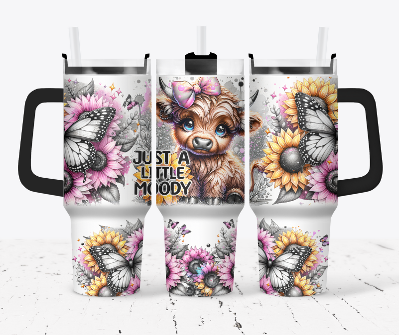 Just a little moody blonde highland cow with pink and yellow sunflowers