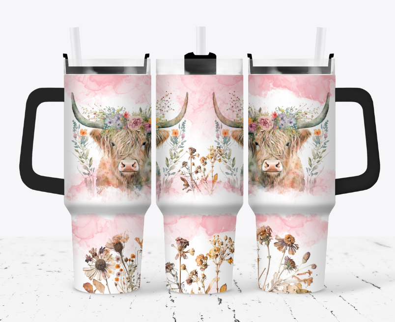 Pink highland cow with flower base style