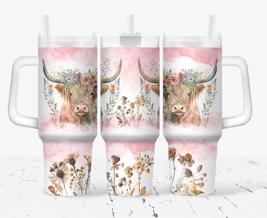 Pink highland cow with flower base style