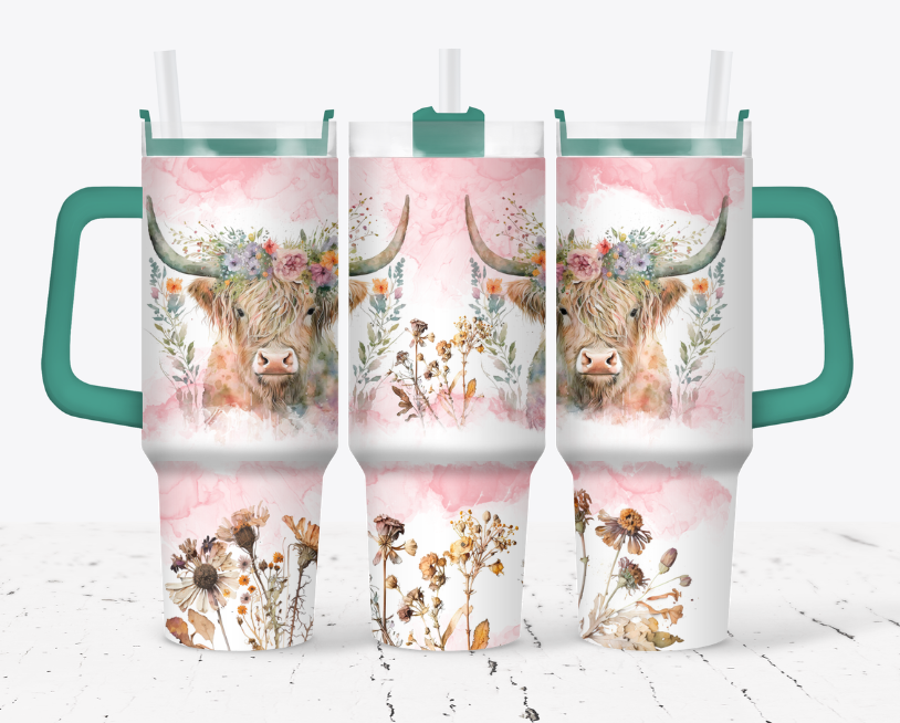 Pink highland cow with flower base style