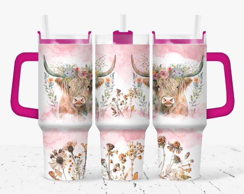 Pink highland cow with flower base style