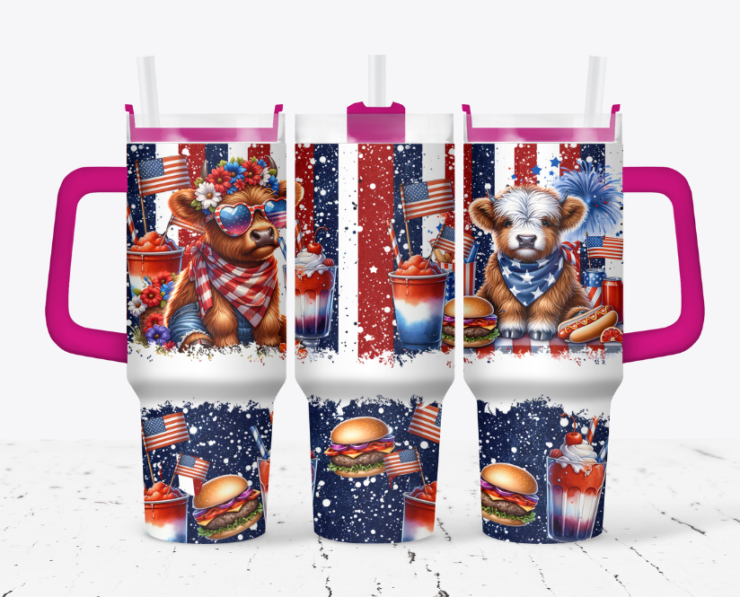 Highland cow with a milkshake,burger and sunglasses