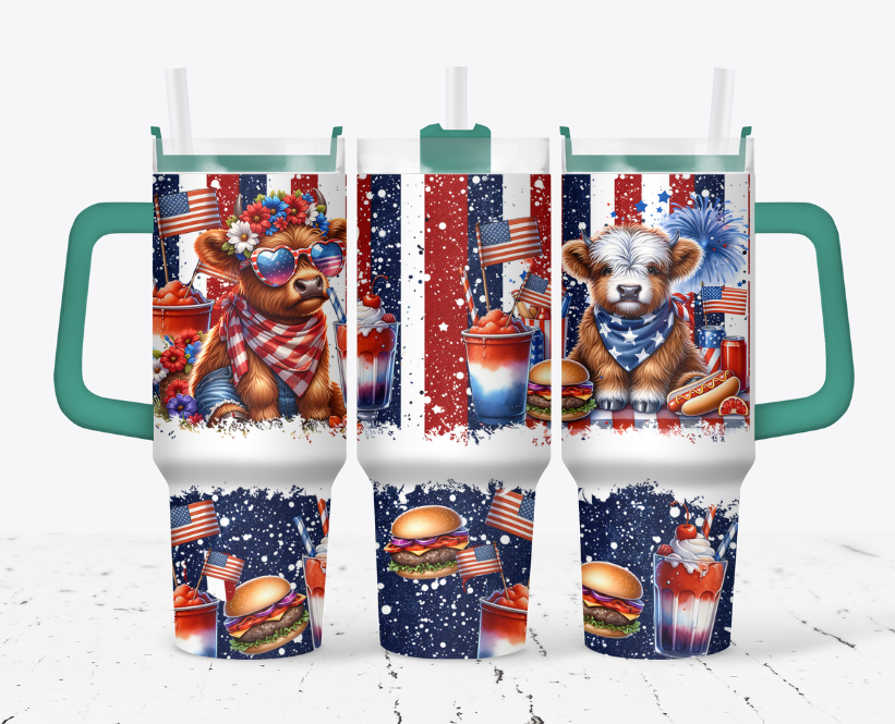 Highland cow with a milkshake,burger and sunglasses