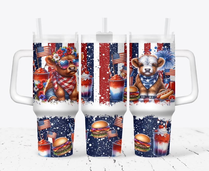 Highland cow with a milkshake,burger and sunglasses