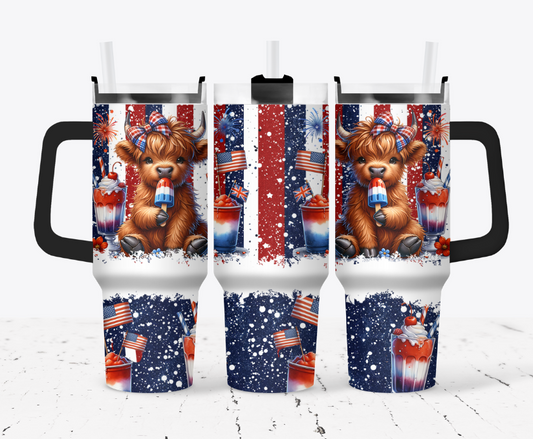 Patriotic highland cow with popsicle