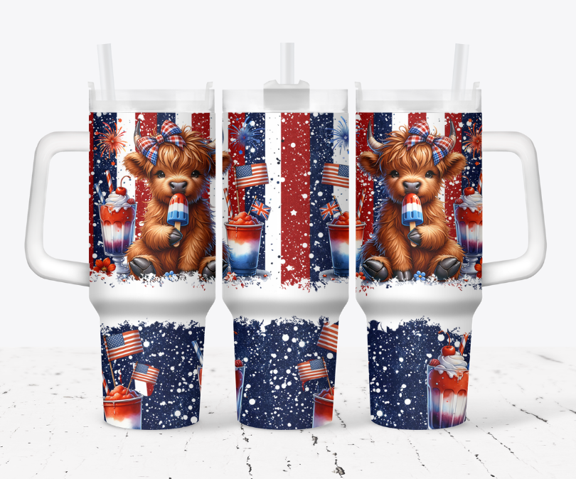 Patriotic highland cow with popsicle