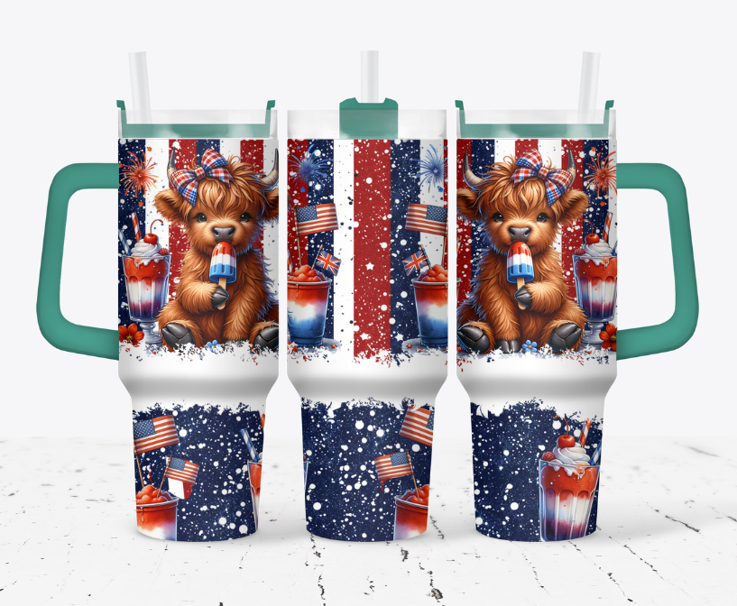 Patriotic highland cow with popsicle
