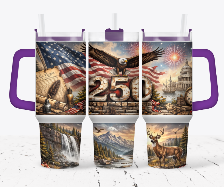 250 years celebration tumbler with eagle, buck and flag