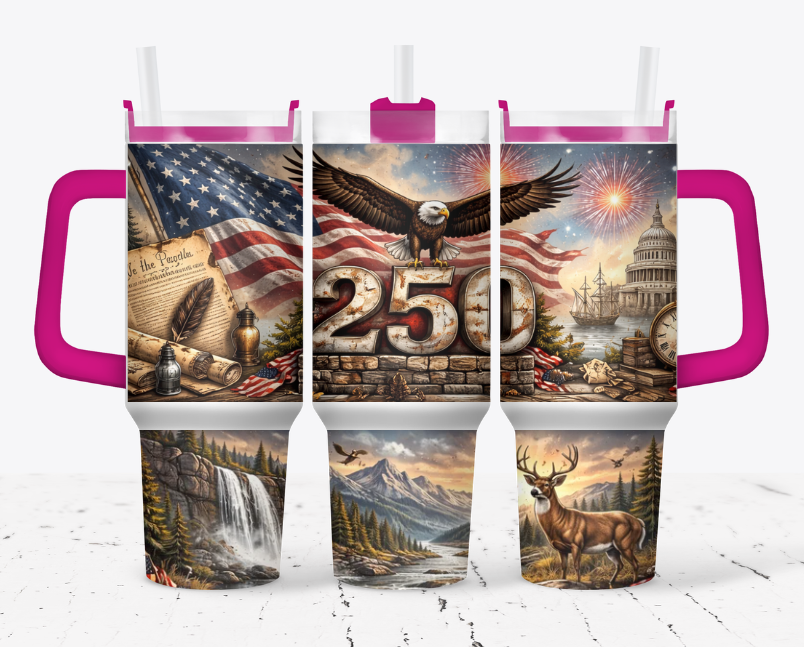 250 years celebration tumbler with eagle, buck and flag
