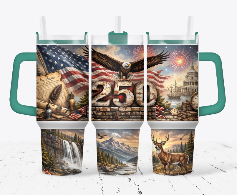 250 years celebration tumbler with eagle, buck and flag